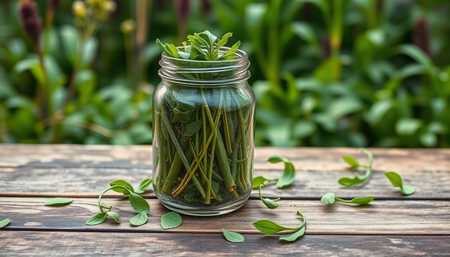 Glass jar with plant cuttings for DIY rooting hormone on wooden table.