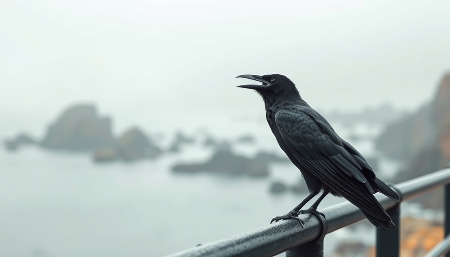 Raven on railing overlooking misty coast for attracting ravens.