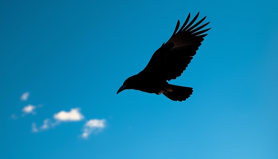 Raven soaring in bright blue sky.