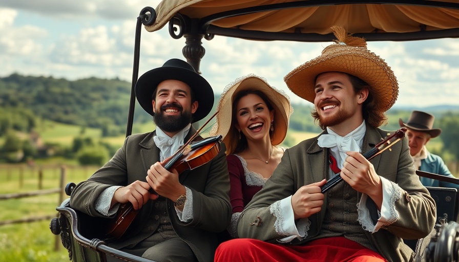 Regency girls musical scene in a carriage with joyful expressions.