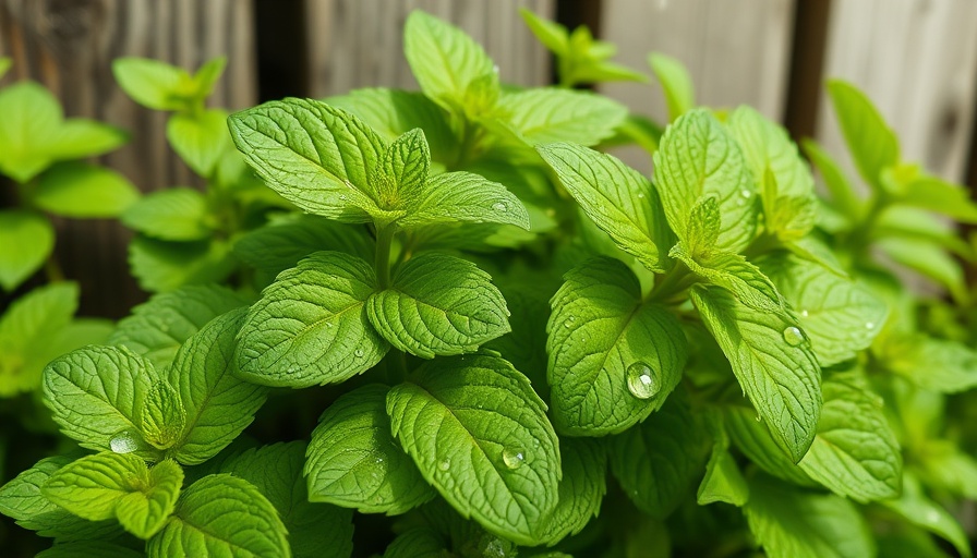 Mint leaves in an outdoor garden, shining with dew.