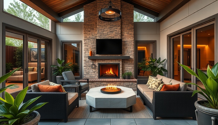 Luxurious outdoor setup with TV above fireplace, ideal for outdoor TVs for full sun use.