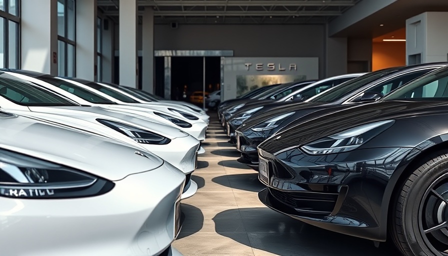 Lineup of various colored Tesla cars in a dealership lot