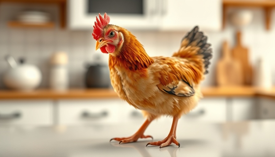 Curious bantam chicken on kitchen counter, breed identification.