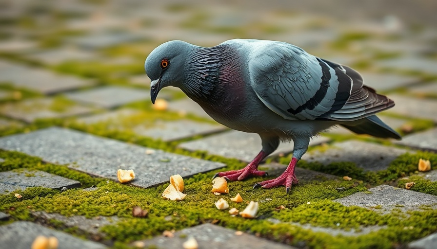 Grey pigeon eating bread crumbs on mossy pavement.
