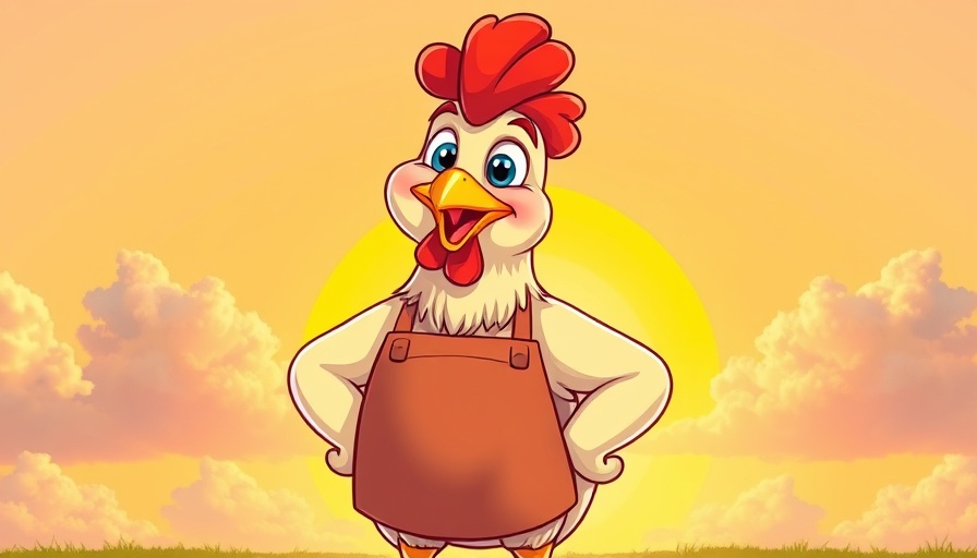 Cartoon chicken with apron, bright sunrise background, 'Backyard Chickens' text.