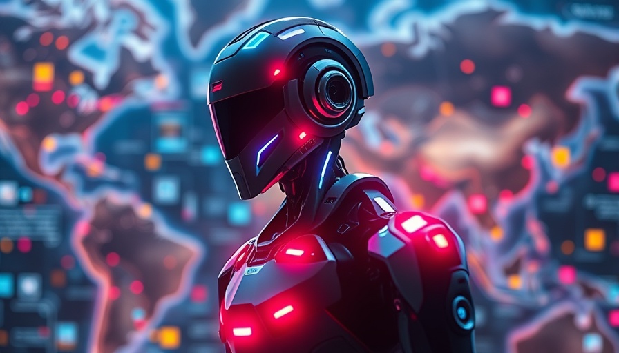 Robotic figure with neon lights and digital map background for 2024 Global Consumer Credit Trends Report.