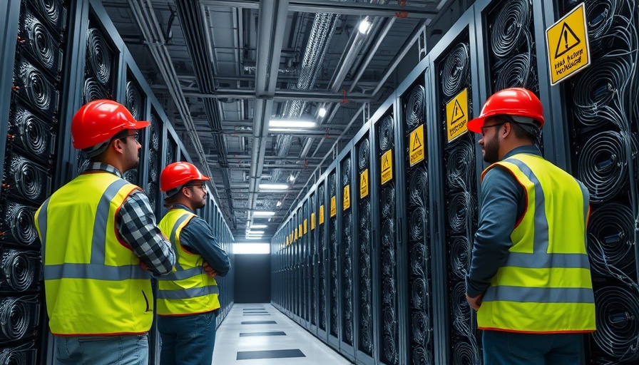 Workers inspecting server racks in AI data center showcasing electricity demands