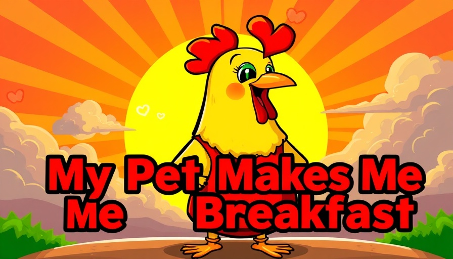 Cheerful cartoon chicken with apron and sunrise, promoting Backyard Chickens.