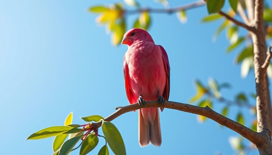 Pink bird perched on branch, can birds eat avocados, clear sky