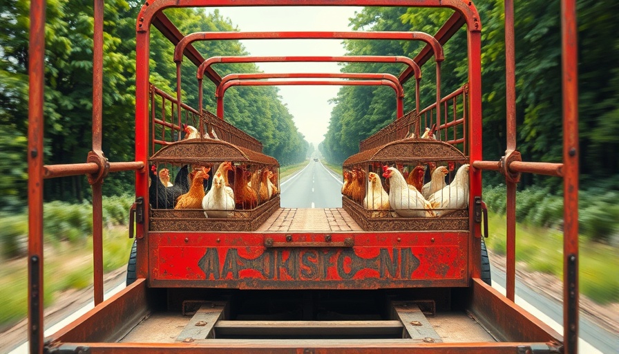 Bird flu evolution: chickens in transit on highway trailer.