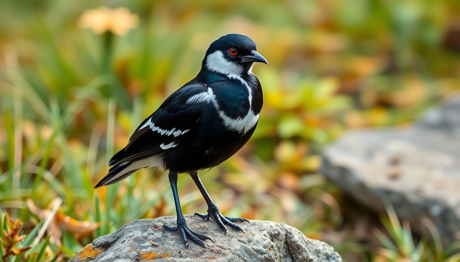 Elegant bird with red eyes standing on a rock, surrounded by nature.