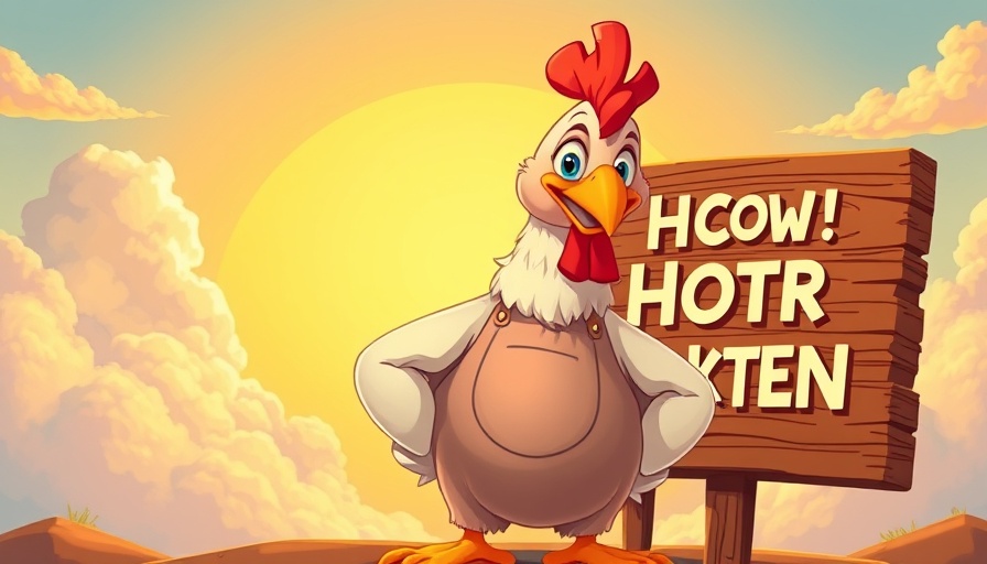 Cheerful cartoon chicken with apron, humorous text, vibrant background.