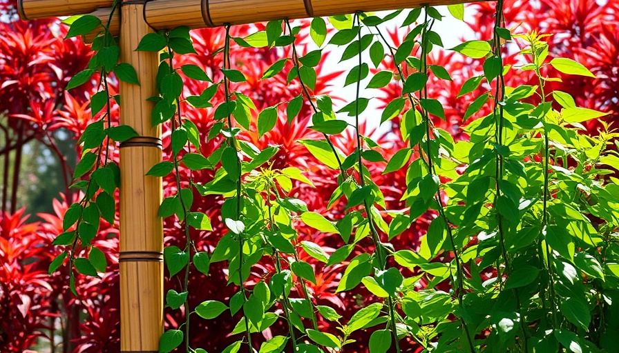 Elegant woven bamboo trellis with pea plants in natural sunlight.