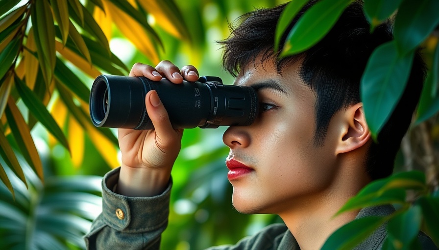 Young man birdwatching in a lush Hawaiian forest