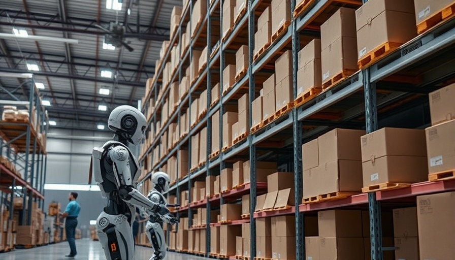 Robots and workers organizing boxes in a futuristic warehouse, LambdaTest HyperExecute MCP Server.