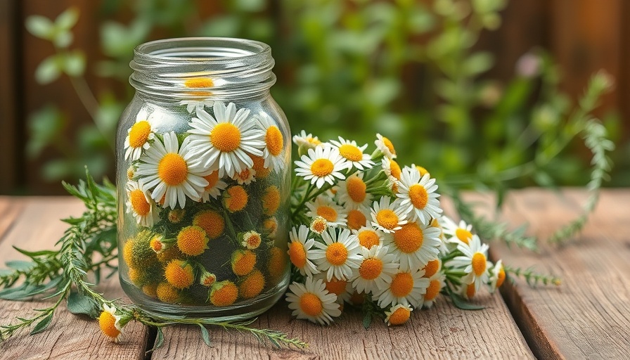 Glass jar with chamomile flowers on rustic table, chamomile fungicide for plants.