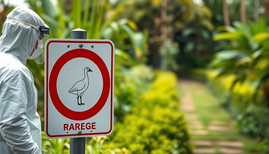 Avian influenza warning sign in nature, person in suit.
