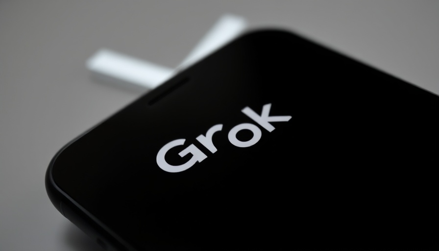 Grok logo on smartphone screen in dark interface, AI Integration Grok Studio.