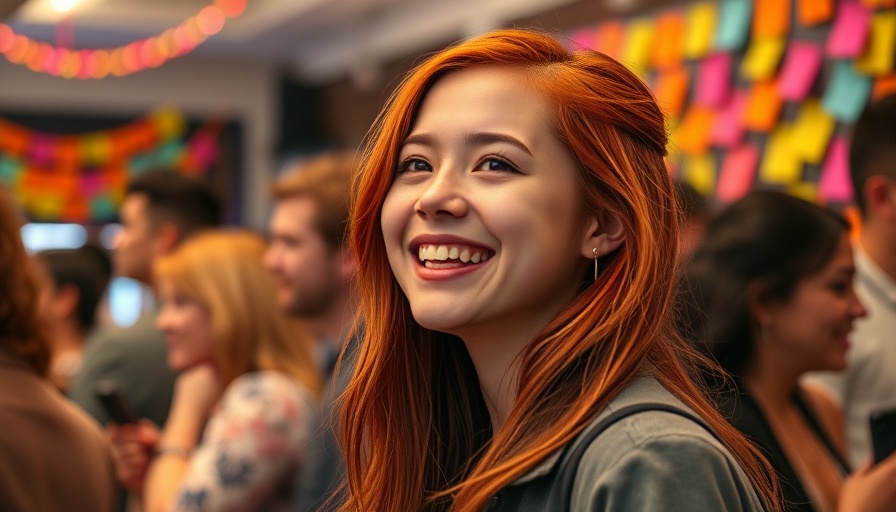 Young woman smiling at event, vibrant backdrop.