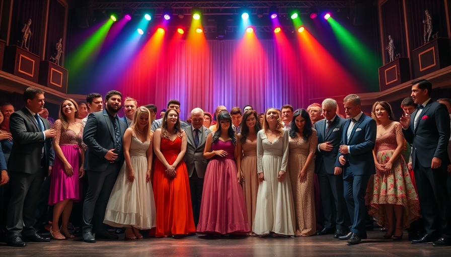 Group bowing at Broadway show, vibrant stage lighting.