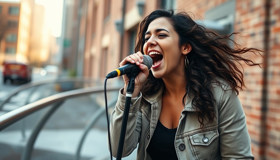Dynamic singer performing at Six: The Musical performances, urban setting