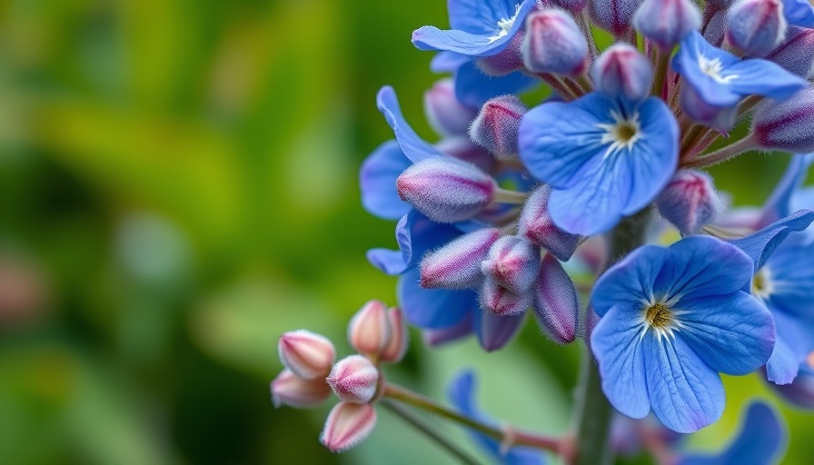Vibrant blue borage flowers with fuzzy pink buds, ideal for growing borage in your garden.