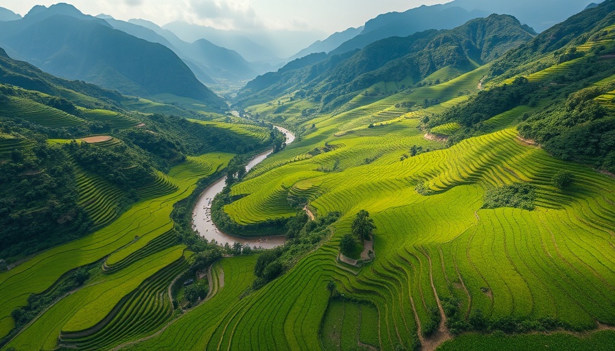 Aerial view of terraced rice fields amid mountains, showcasing landscape affected by climate change.