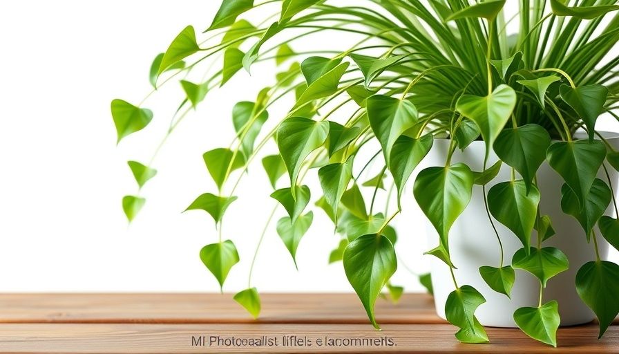 Healthy spider plant in pot on wooden table