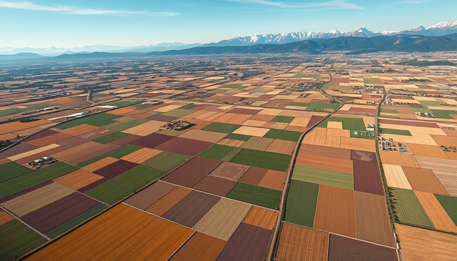 Expansive aerial view of agricultural fields with patchwork patterns under blue sky.