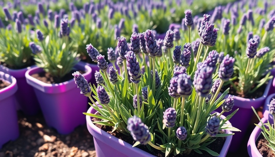 Young lavender plants in purple pots growing in rows outdoors.