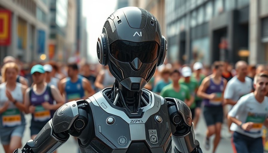 Humanoid robot running in Beijing half marathon with crowd support.