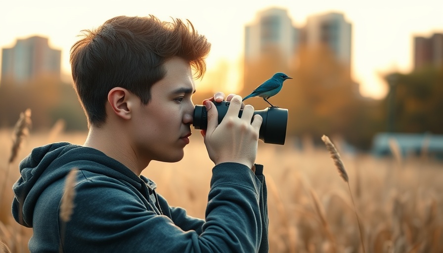 Birdwatcher observing bird with binoculars in park during golden hour.