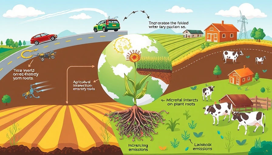 Illustration of microbes' role in climate change affecting agriculture and fuel.