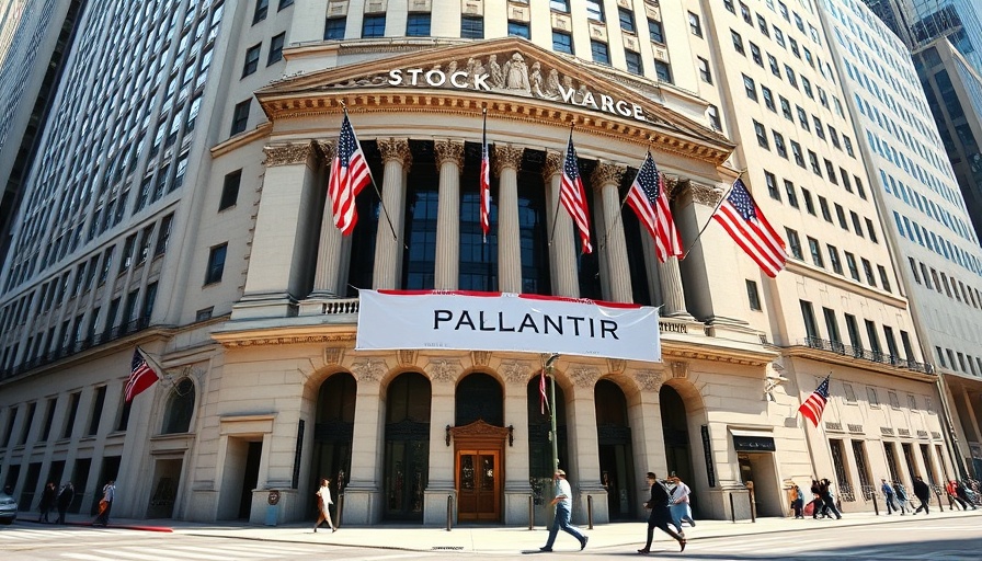 Palantir banner on NYSE building referencing immigration surveillance.