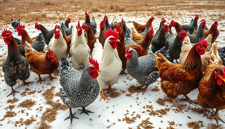 Wrath's Marans chickens in snowy field feeding