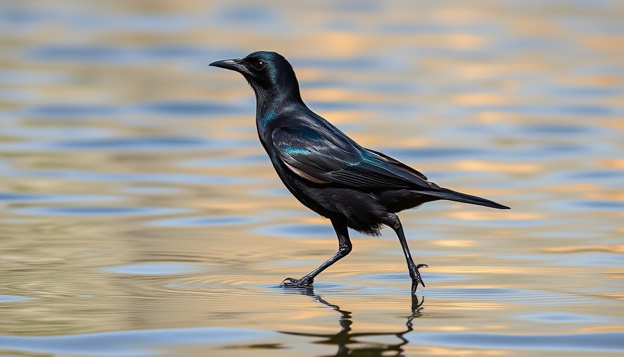 Great-tailed Grackle walking on reflective water surface.