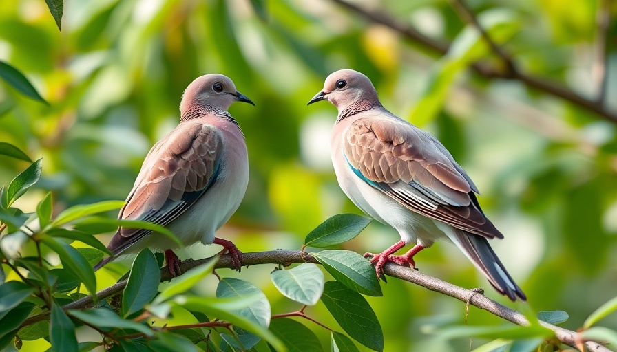 Mourning doves perched on a branch, vibrant nature setting.
