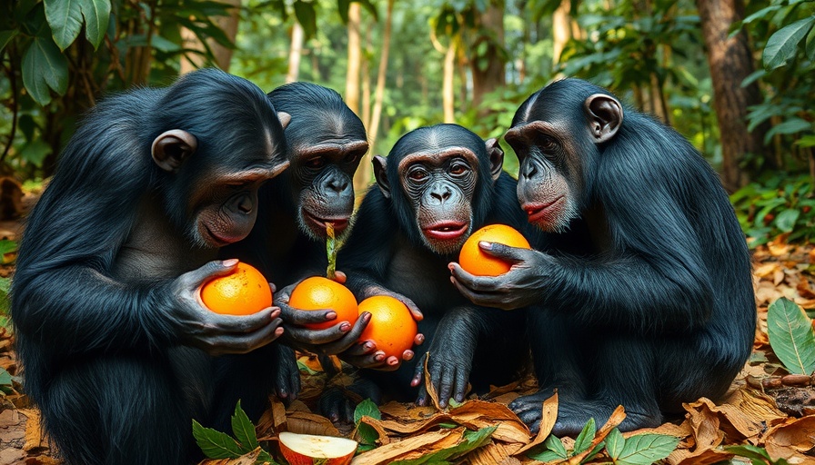 Chimpanzees eating and sharing fermented fruits in a forest.