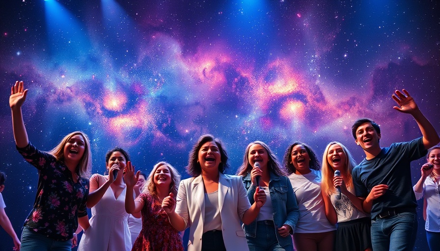Performers in SPACE! THE IMPROVISED MUSICAL against a cosmic background