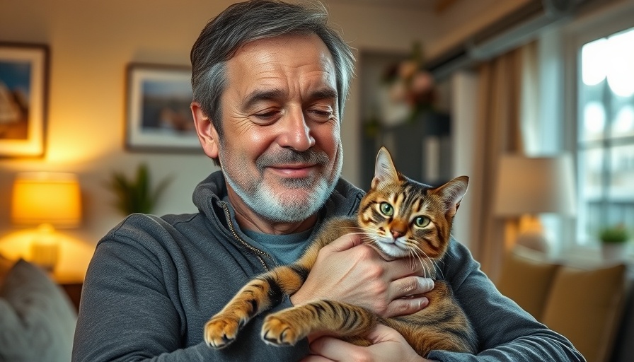 Middle-aged man holding cat in cozy living room, illustrating bird flu transmission risks.
