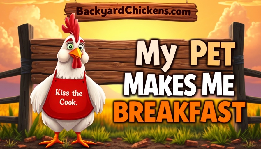 Whimsical chicken cartoon with rustic backyard theme.