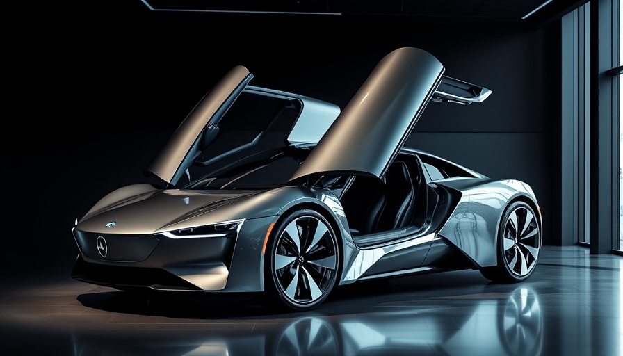 Sleek electric car with gull wing doors in showroom.