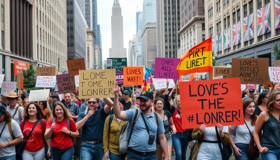 Climate action protest in city with vibrant banners and diverse crowd.