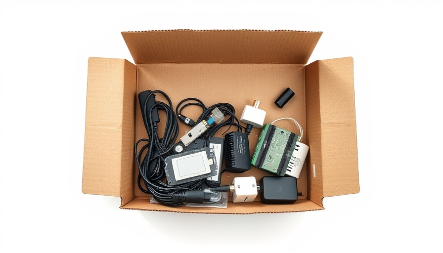 Eco-friendly packaging with open cardboard box and electronic parts.