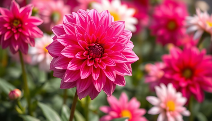 Vibrant pink dahlia in a blooming garden, rich in color.