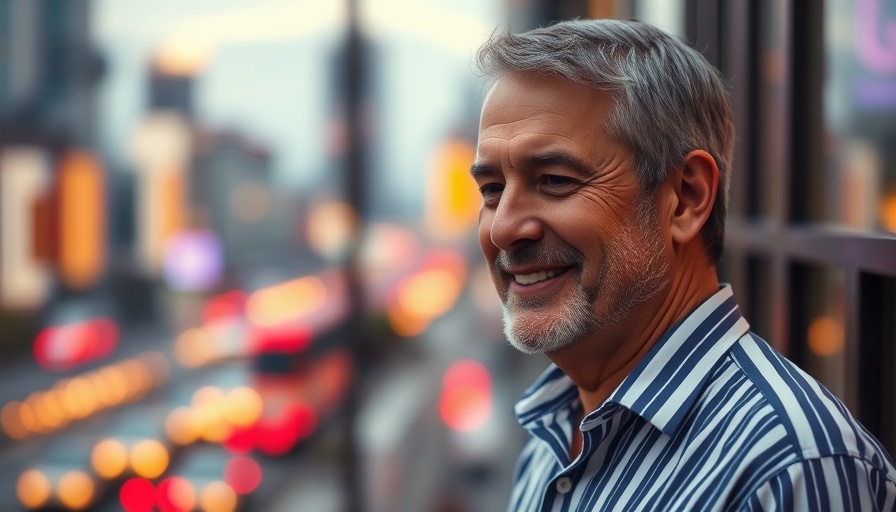 Man smiling softly in front of a colorful city backdrop.