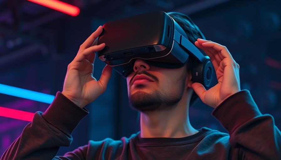 Man using VR headset with neon lighting, intelligent automation partnership.