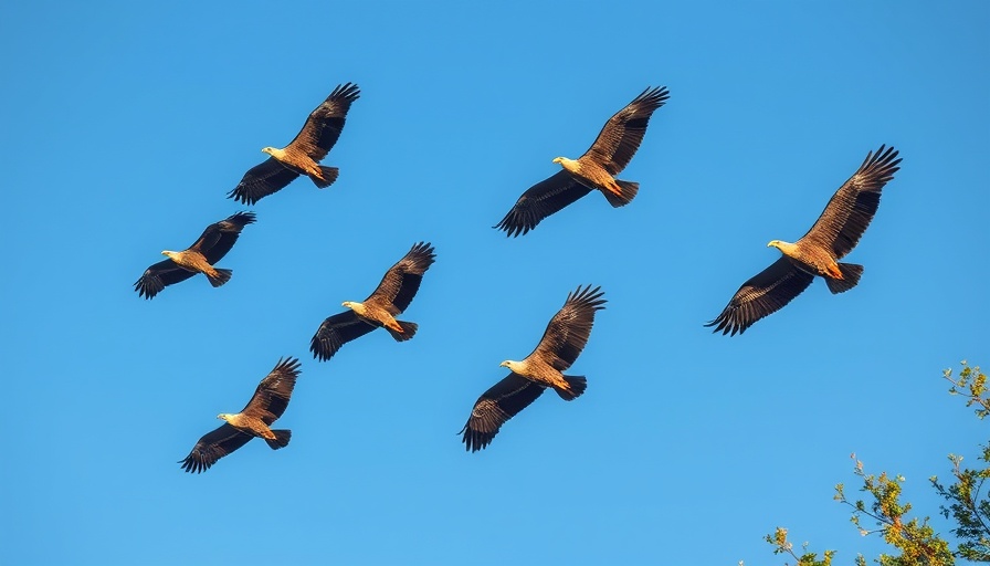 Kettle of vultures soaring in a clear blue sky.