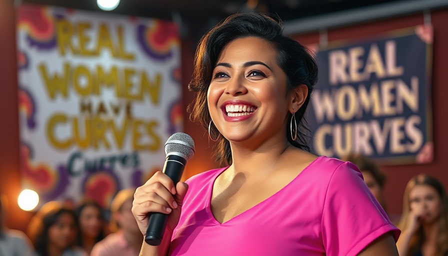 Joyful woman holding microphone at Real Women Have Curves event, theater poster background.